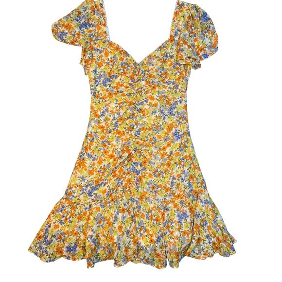ASTR The Label Orange Yellow Floral Ruched Mini Dress XS - Picture 2 of 6